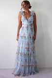 Frill Straps Cutout Tie Up Floral Print Tulle Maxi Dresses-Blue Pre Order