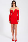 Deep V Collar Off Shoulder Long Sleeve Mini Blazer Dresses-Red