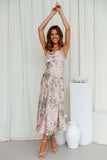 Vacation Cami Boat Neck Floral Print Slit Satin Vacation Midi Dress