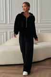 Turndown Collar Zip Crop Cardigan Wide Leg Velvet Pants Matching Set-Black