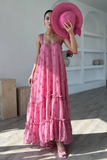 3D Flower Decor Loose Fit A-Line Ruffled Trim Maxi Slip Dresses-Pink