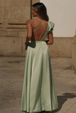 Ruffled One Shoulder High Slit Backless Gowns Maxi Dresses-Green Pre Order