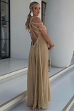 Rope Halter Cold Shoulder Backless Loose Fit Pleated Vacation Maxi Dresses-Khaki