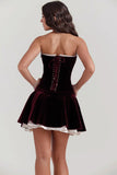 Velvet Strapless Lace Up Corset A-Line Pleated Mini Dresses-Black