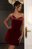 Rhinestone Irregular Strapless A-Line Velvet Mini Dresses-Black