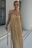 Rope Halter Cold Shoulder Backless Loose Fit Pleated Vacation Maxi Dresses-Khaki