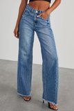 Denim Wide Leg Raw Edge Hemline Pocket Jeans-Blue