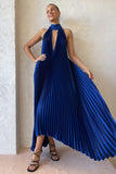 Halter Tied Up Cutout Neck Pleated Backless Asymmetric Hem Wedding Guest Maxi Dresses