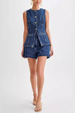 Button Up Slit Tank Top High Waist Shorts Denim Matching Set-Blue