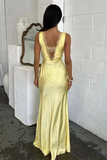 Lace Trim V Neck Backless Gowns Maxi Tank Dresses-Yellow