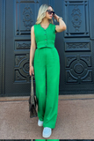 V Neck Button Up Vest Solid Color Pants Matching Set-Green