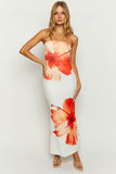 Floral Print Strapless Slim-Fit Vacation Maxi Dresses-White