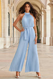 Halter All Over Pleated Wide Leg Jumpsuit