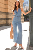 Lapel Collar Sleeveless Pocket Denim Flare Leg Jumpsuit-Blue