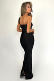 One Shoulder Strap Twisted Ruched Bodycon Gowns Maxi Dresses-Black