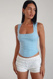 Square Neck Ribbon Quilted Curved Hem Casual Plain Sleeveless Top-Blue