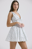 Ditsy Floral Print Deep V Neck Cinch Waist Mini Tank Dresses-Blue