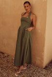 Solid Color Halter Cinch Waist Backless Maxi Dresses-Green