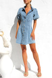 Turndown Collar Puff Sleeve Cinch Waist Button Up Denim Mini Dresses-Blue