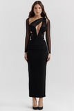 Irregular Cutout Long Sleeve Slim Fit Mesh Maxi Dresses-Black