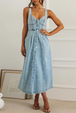 Irregular Neck Cinch Waist Button Up Denim Slip Midi Dresses-Blue