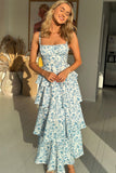 Floral Print Square Neck Straps Back Ribbon Cut Out Tiered Wedding Guest Maxi Dresses-Blue