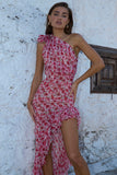 One Shoulder Floral Print Asymmetric Vacation Maxi Dresses-Red