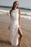 Knit Slim Fit Side Slit Cover Ups Maxi Tank Dresses-White