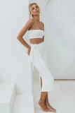 Strapless Waist Cutout Tie Up Slim Fit Knit Midi Dresses-White