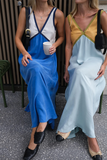 V Neck Colorblock A-Line Maxi Tank Dresses-Green