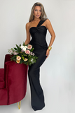 One Shoulder Strap Twisted Ruched Bodycon Gowns Maxi Dresses-Black