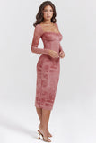 Mesh Pattern Print Square Neck Corset Long Sleeve Slim Fit Midi Dresses - Red