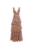 Floral Print Deep V Neck Backless Tiered Ruffled Flowy Hem Maxi Dresses-Beige