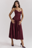 Irregular Neck Corset A-Line Pleated Hem Satin Slip Midi Dresses-Burgundy