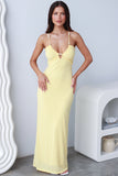 Plunge Neck Spaghetti Strap Slim Fit Jacquard Maxi Dresses-Yellow