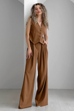 Striped V Neck Button Up Waistcoat Wide Leg Pants Matching Set-Brown