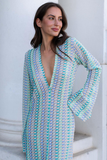 Crochet Abstract Striped Pattern Deep V Neck Flare Sleeve Slit Maxi Dresses-Green