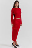 Pit Knit Long Sleeve Ribbon Back Crop Top Solid Midi Skirt Matching Set-Red