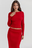 Pit Knit Long Sleeve Ribbon Back Crop Top Solid Midi Skirt Matching Set-Red