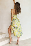 Vacation Cami Boat Neck Floral Print Slit Satin Vacation Midi Dress