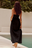 Solid Color Halter Cinch Waist Backless Maxi Dresses-Green