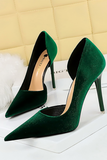 Velvet Pointy Toe Asymmetrical Side Cutout Stiletto Heels-Green