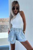 Drawstring Elastic Waist Heart-Shaped Rhinestone Pocket Denim Casual Shorts-Blue