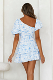 Asymmetric Neckline Puff Sleeve Floral Print Mini Dresses-Blue