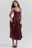 Irregular Neck Corset A-Line Pleated Hem Satin Slip Midi Dresses-Burgundy