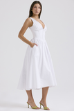 Deep V Neck Cinch Waist Solid Color Midi Tank Dresses-White