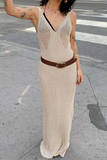 V Neck Hollow Out Slim Fit Knit Maxi Tank Dresses-Khaki