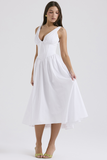 Deep V Neck Cinch Waist Solid Color Midi Tank Dresses-White