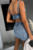 Denim Distressed Waist Cutout Slim Fit Slip Mini Dresses-Blue