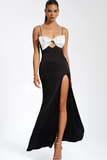 Colorblock Bow High Slit Satin Slip Maxi Dresses-Black